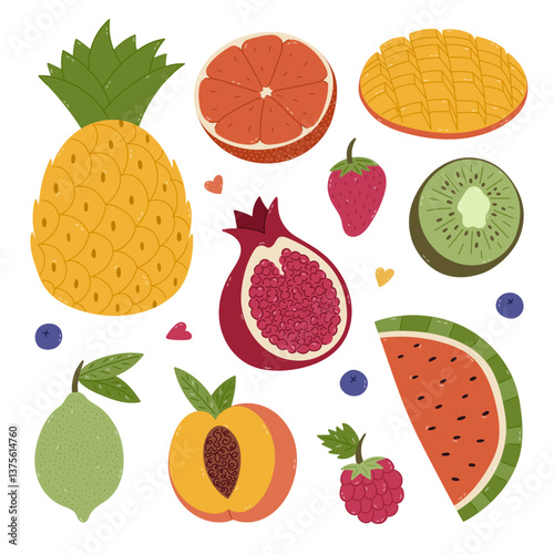 Lovely cartoon set with juicy healthful fruits and berries. Cute clipart of pineapple, mango, grapefruit, lime, kiwi, peach for branding packaging, menu, logo. Sweet food collection isolated on white.