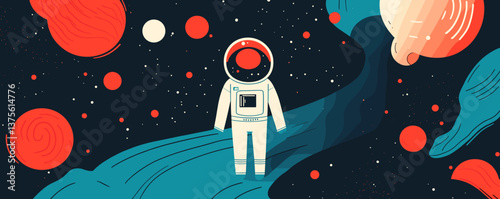 Astronaut exploring colorful cosmic landscape with planets and stars - vector.