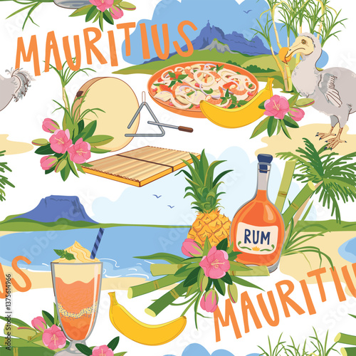 Pattern with Mauritius island landmarks in flat style. Vector sugar cane, Peter mountain, endemic Dodo, Trochetia boutoniana flowers, pineapple, falooda, millionaire salad, Sega musical instruments.