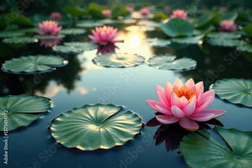 Water lilies forming a patterned display across a lake, pastel, reflection, environment
