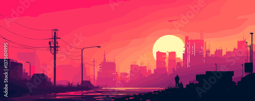 Silhouette of a lone figure in a vibrant cityscape at sunset – vector.