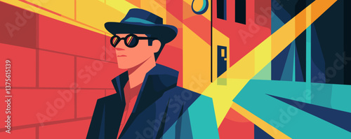Mysterious man in dark alley with hat and sunglasses, abstract urban scene – vector.