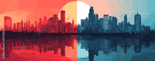 Mirrored cityscape with dual colors at sunset and twilight vector.