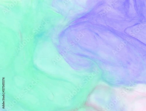 Delicate watercolor animation with smooth transitions between mint green and soft purple hues. Gentle fluid movements create ethereal patterns like paint spreading on wet paper with dreamy pastel colo