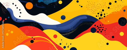 Abstract colorful wavy pattern with dots and curves in bold colors - vector.