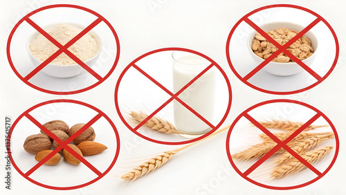 dietary restrictions gluten free Image highlights foods and drinks to avoid, marked with red crosses, indicating dietary restrictions.