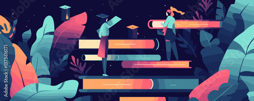 Surreal educational journey: two people climbing giant books in a colorful forest - vector.