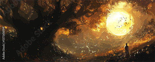 Enchanted forest with giant tree and bright full moon at night - vector.