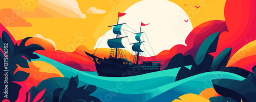 Colorful pirate ship sailing at sunset in vibrant ocean landscape - vector.
