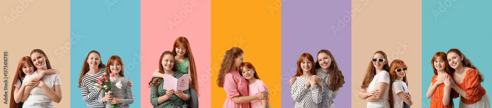 Collage of happy redhead woman with her cute daughter on color background. Mother's Day celebration Collage of happy redhead woman with her cute daughter on color background. Mother's Day celebration