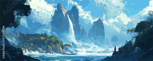 Majestic mountain waterfall with lush forest and blue sky landscape, vector.