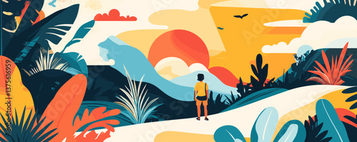 Colorful landscape with person enjoying nature, surreal sunset, tropical foliage - vector.