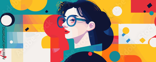 Abstract portrait of a woman with glasses and colorful geometric patterns - vector.