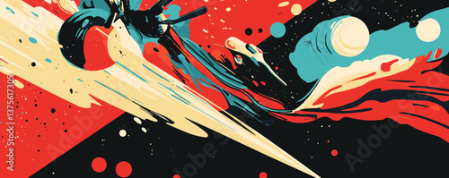 Dynamic abstract space scene with bold colors and cosmic elements, energetic design vector.