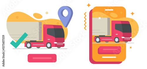 Logistics delivery semi van truck service mobile cell phone app icon vector graphic set, global international transportation freight cargo lorry track location via smartphone cellphone shipment