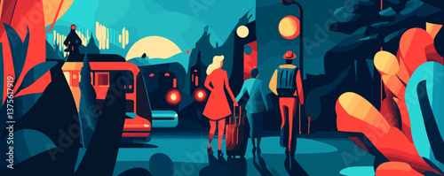 Evening city stroll with suitcase in vibrant urban landscape - vector.