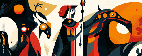 Enigmatic medieval journey with mystic creatures in bold abstract art style, vector.