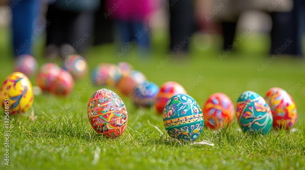 Colorful Hand-Painted Eggs Arranged on Green Grass During Celebration Colorful Hand-Painted Eggs Arranged on Green Grass During Celebration
