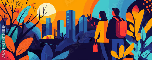 Urban adventure couple in vibrant forest cityscape at sunset - vector.