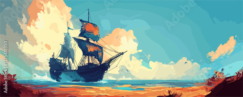 Vintage sailing ship at sea against dramatic sky and waves in vibrant colors, nautical adventure - vector.