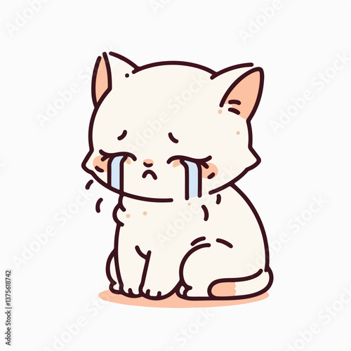 Crying Cat: A simple, yet emotionally charged illustration of a white kitten expressing sadness through tears, capturing a moment of vulnerability and heartache. 