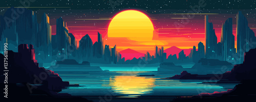 Futuristic alien landscape with sunset over water and mountains - vector.