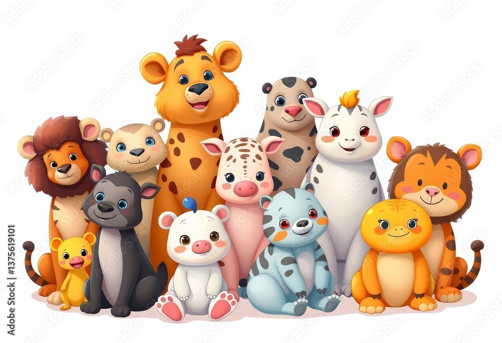 Naklejka premium Adorable cartoon animals, diverse species, sitting together on white, monkey, panda