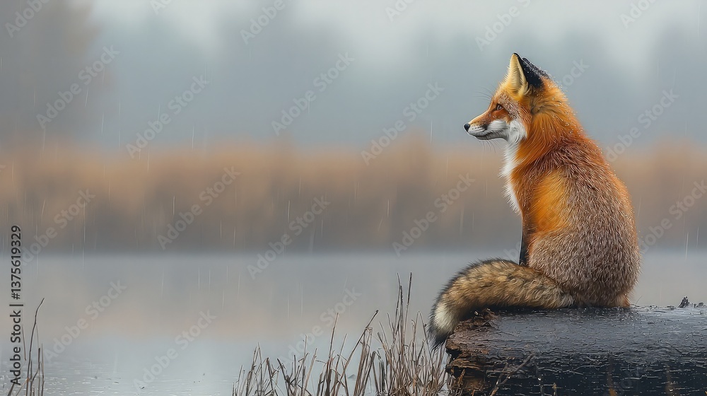 Obraz premium Red Fox by Water, Rainy Day