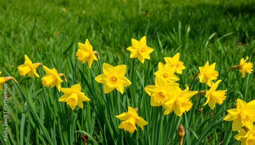 Fototapeta premium Bright yellow daffodils blooming in a lush green meadow, spring bloom, natural
