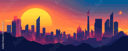 Vibrant city skyline at sunset with silhouetted buildings and tower - vector.