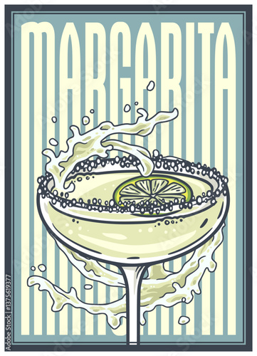 Margarita cocktail glass on retro, vintage poster with olive and splashes for design of surfing, tiki or beach bar menu. Martini alcohol cocktail for drink party, summer vibes