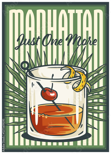Manhattan cocktail glass on retro, vintage poster with whiskey, strawberry, palm trees in background for design of surfing, tiki or beach bar menu. Alcohol cocktail for drink party, summer vibes