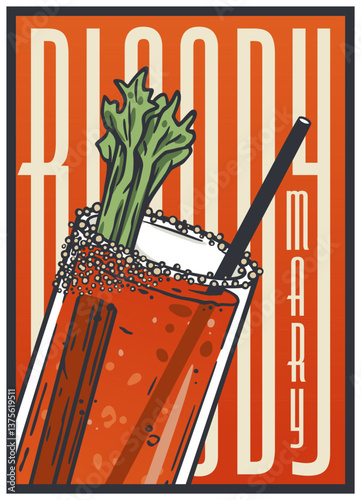 Bloody Mary cocktail glass on retro, retro, vintage poster for design of surfing, tiki or beach bar menu. Red alcohol cocktail for drink party, summer vibes