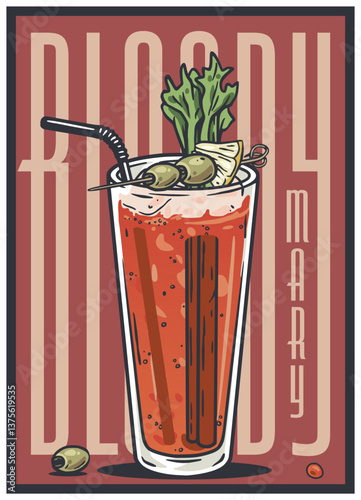 Bloody Mary cocktail glass on retro, retro, vintage poster for design of surfing, tiki or beach bar menu. Red alcohol cocktail for drink party, summer vibes