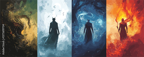 Four elemental warriors silhouetted against nature backgrounds - dramatic fantasy art vector.