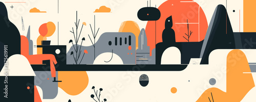 Abstract geometric landscape with bold orange and black shapes, minimalist design vector.