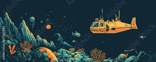 Underwater exploration submarine in deep sea with marine life and ocean landscape - vector.