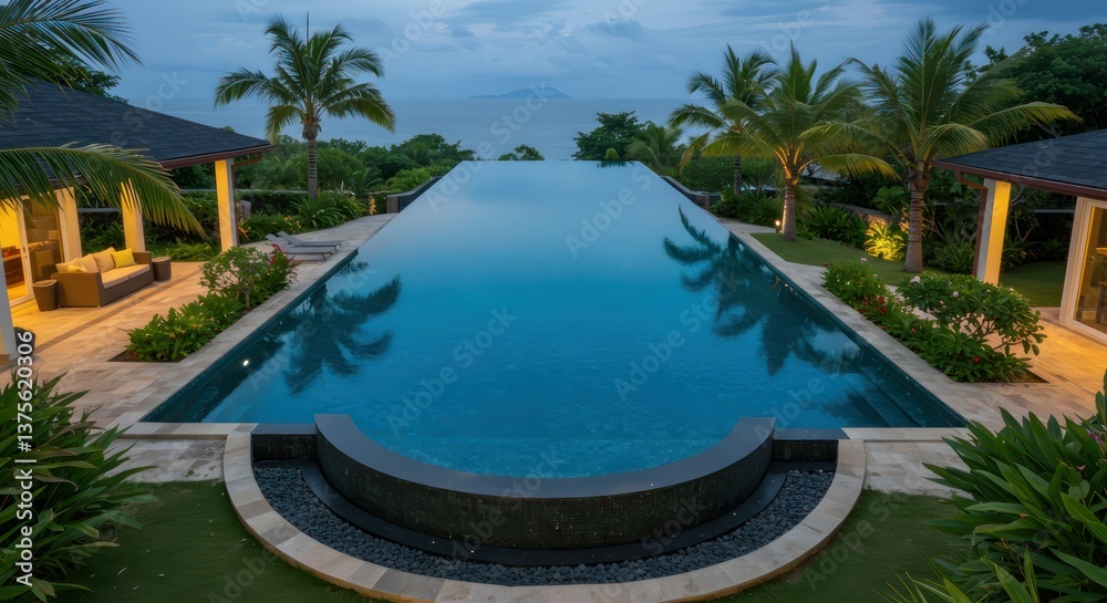 Fototapeta premium Infinity Pool with Tropical Sunset View.
