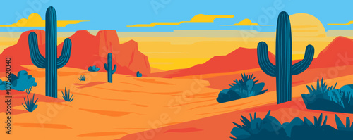 Colorful desert landscape with cacti and mountains in sunset view, nature scene - vector.