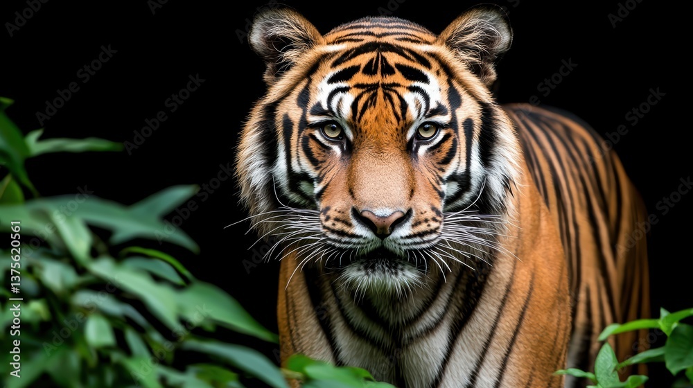 Naklejka premium Majestic tiger stalking through dense jungle wildlife photography close-up natural habitat captivating viewpoint