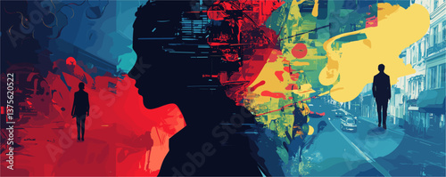 Silhouetted figures in vibrant abstract urban landscape – vector.
