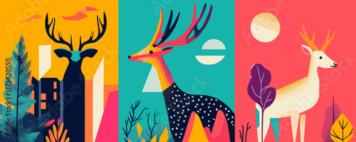 Colorful geometric deer triptych with nature and abstract backgrounds – vector.