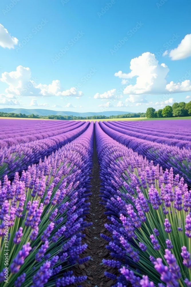 Naklejka premium Vibrant lavender field under clear blue sky, countryside landscape, lavender, countryside, flower