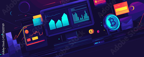 Digital cryptocurrency trading dashboards with bitcoin icon on screens - vector.