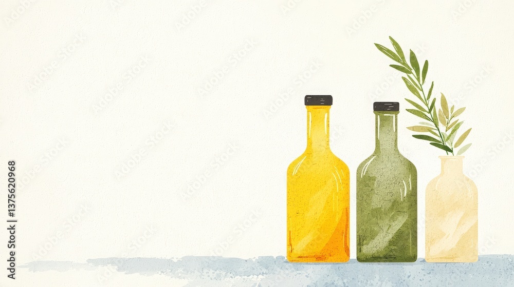 Obraz premium Olive Oil Bottles Watercolor Painting, Three olive oil bottles with rosemary sprig.