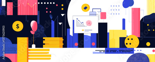 Abstract financial growth and analytics concept with charts and coins - vector.