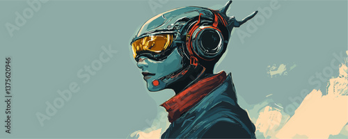 Futuristic cyborg with headphones and visor in profile view - vector.