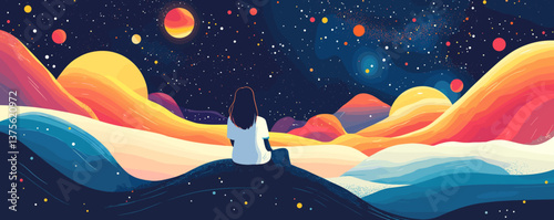 Woman gazing at colorful cosmic landscape filled with stars and planets - vector.