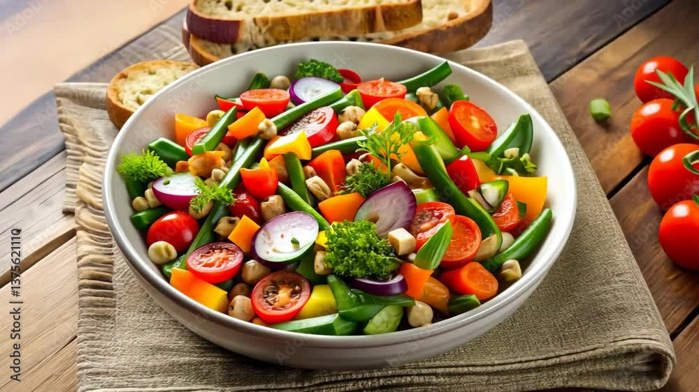 Vibrant mixed vegetable salad with bread, a healthy and delicious meal option. Vibrant mixed vegetable salad with bread, a healthy and delicious meal option.