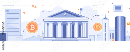 Abstract financial landscape with cryptocurrency and pillared bank building - vector.